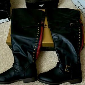 Black/Red Strip Detailed Over the Knee Tall Moto Boots Sz 9.5